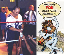 George South passes out his comic tract 'Who Are YOU Wrestling Against?' developed and written by Nate Butler